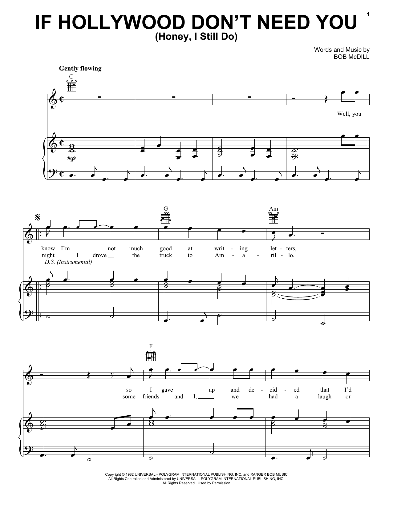 Don Williams If Hollywood Don't Need You (Honey, I Still Do) Sheet Music Notes & Chords for Piano, Vocal & Guitar Chords (Right-Hand Melody) - Download or Print PDF