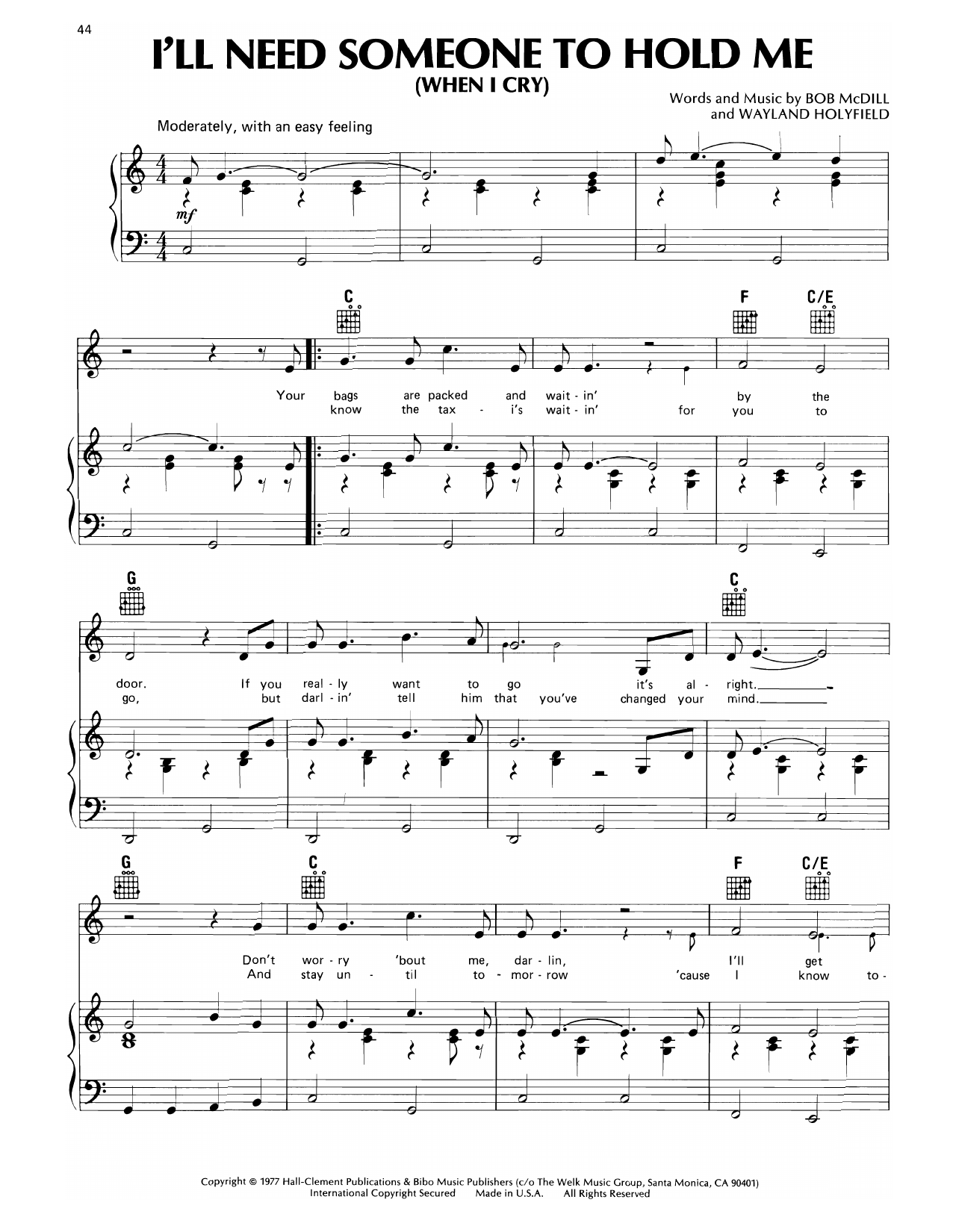 Don Williams I'll Need Someone To Hold Me (When I Cry) Sheet Music Notes & Chords for Piano, Vocal & Guitar Chords (Right-Hand Melody) - Download or Print PDF