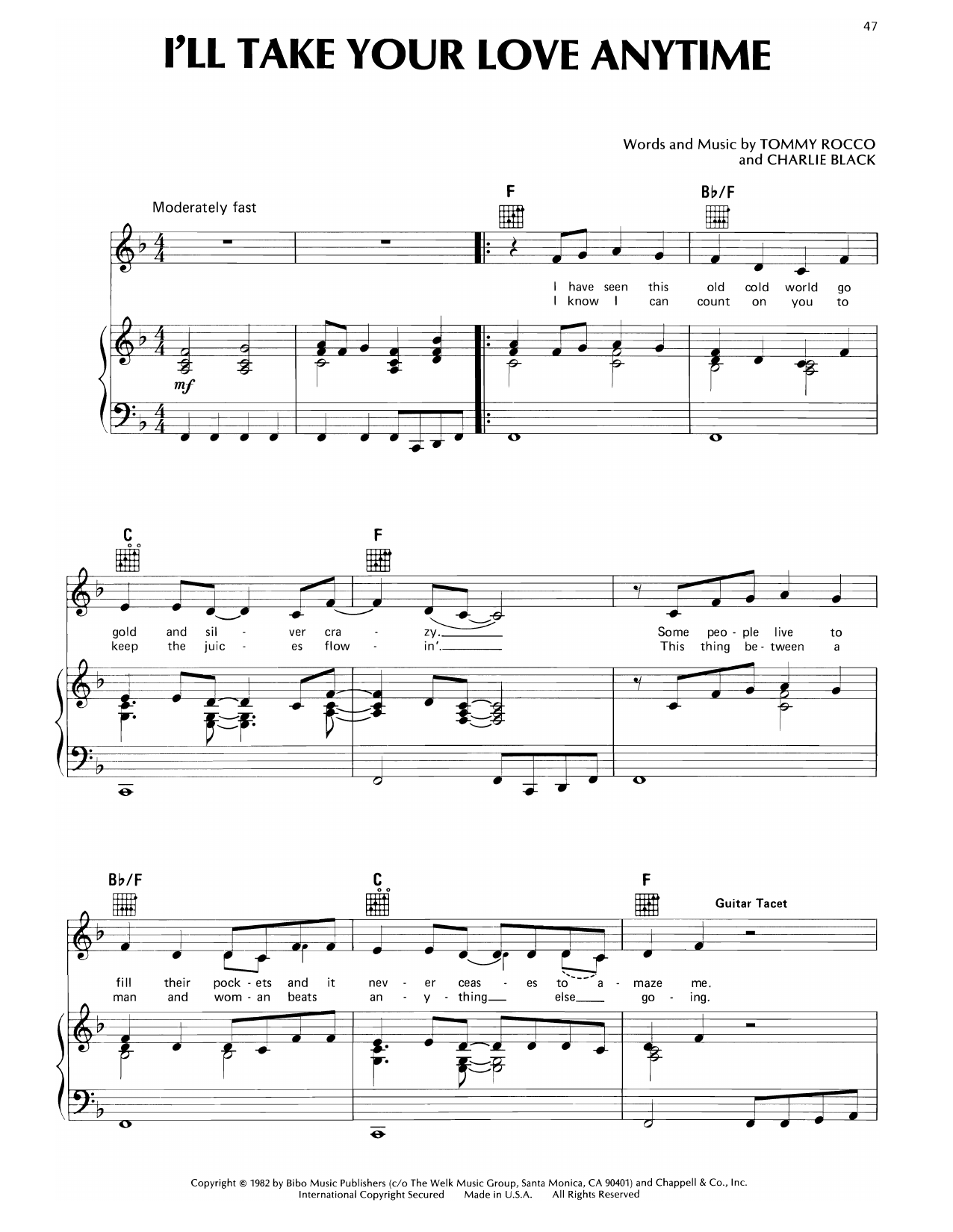 Don Williams I'll Take Your Love Anytime Sheet Music Notes & Chords for Piano, Vocal & Guitar Chords (Right-Hand Melody) - Download or Print PDF