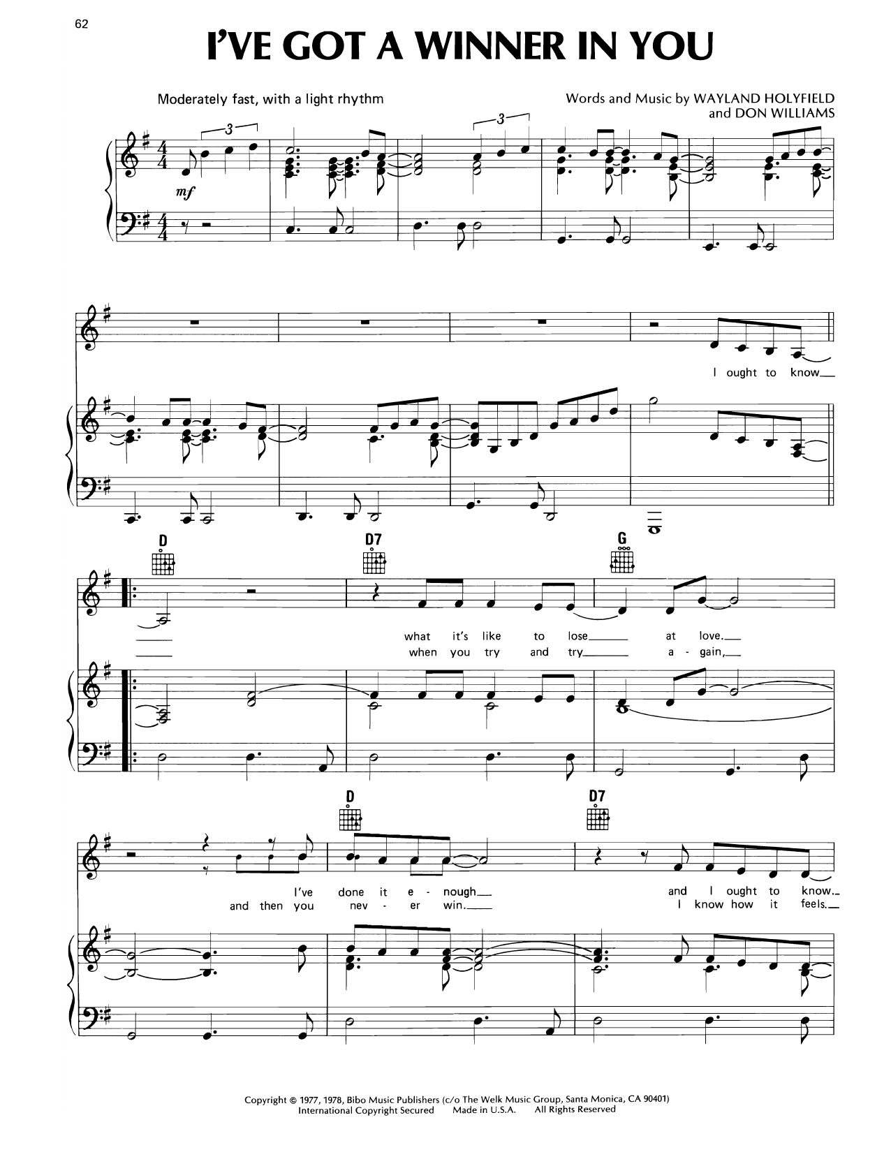 Don Williams I've Got A Winner In You Sheet Music Notes & Chords for Piano, Vocal & Guitar Chords (Right-Hand Melody) - Download or Print PDF