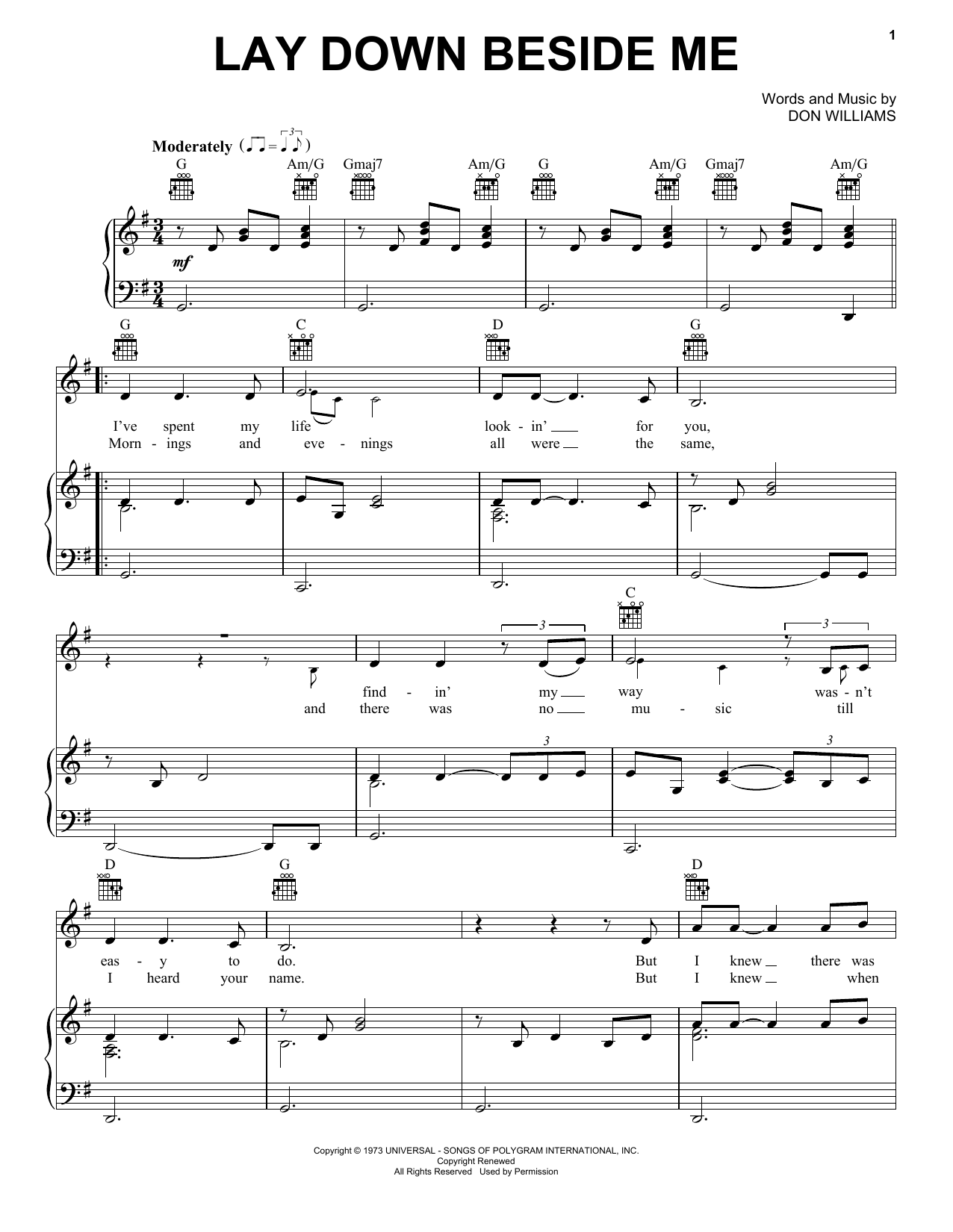 Don Williams Lay Down Beside Me Sheet Music Notes & Chords for Piano, Vocal & Guitar (Right-Hand Melody) - Download or Print PDF