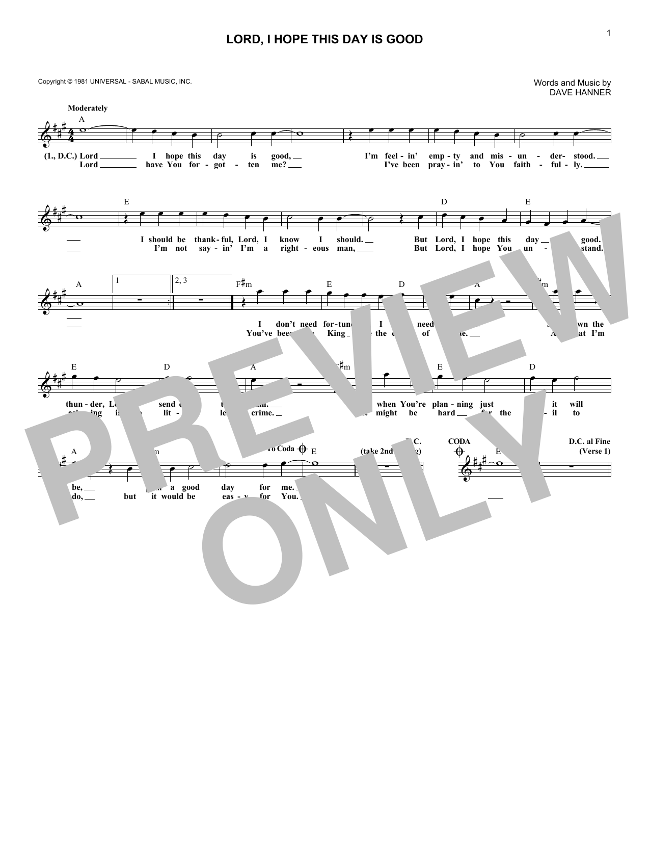 Don Williams Lord, I Hope This Day Is Good Sheet Music Notes & Chords for Melody Line, Lyrics & Chords - Download or Print PDF