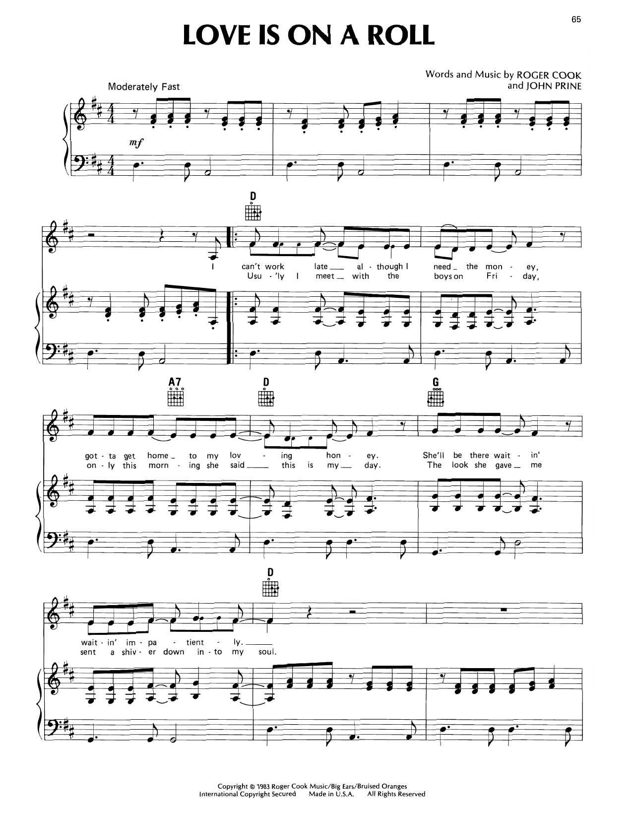 Don Williams Love Is On A Roll Sheet Music Notes & Chords for Piano, Vocal & Guitar Chords (Right-Hand Melody) - Download or Print PDF