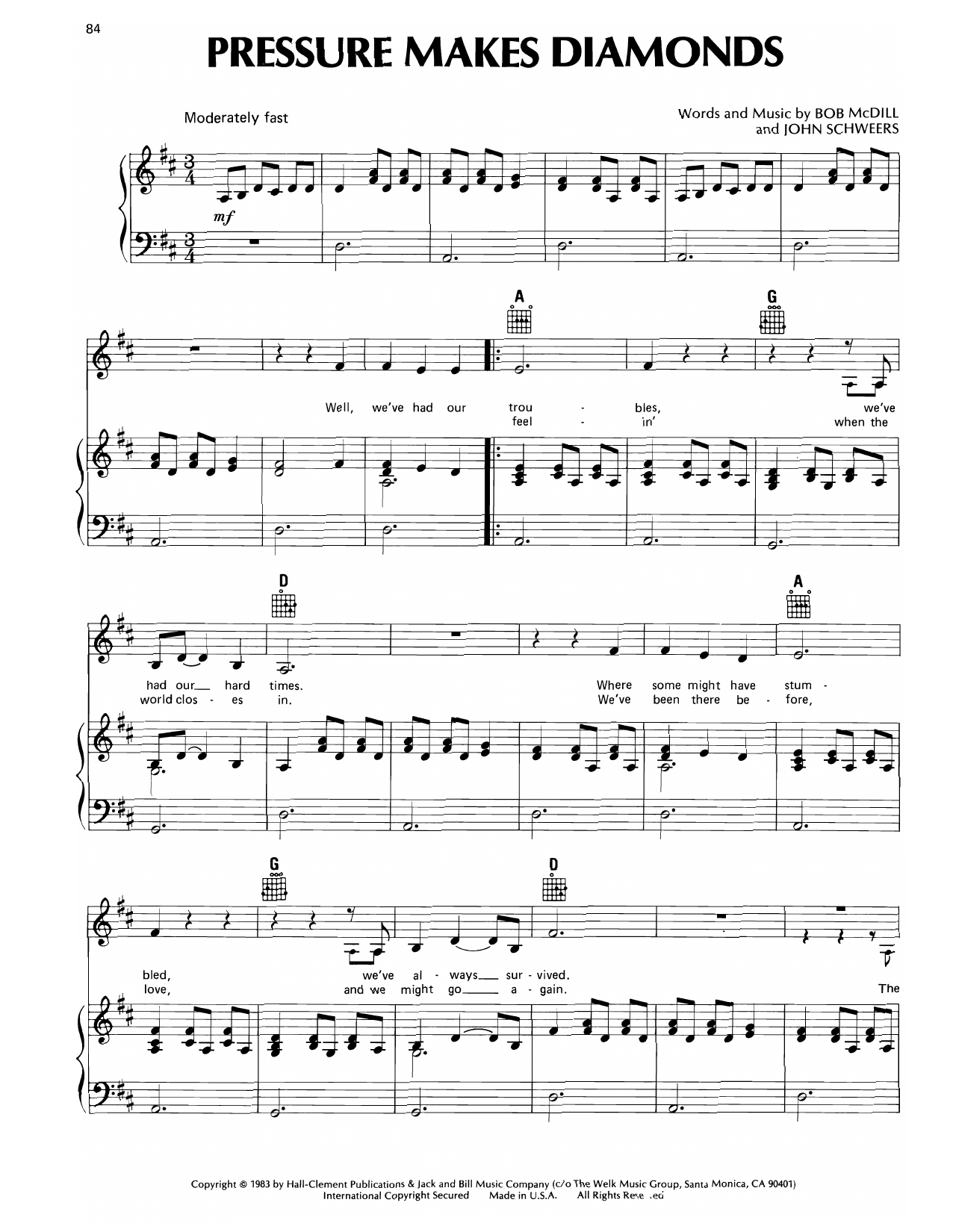 Don Williams Pressure Makes Diamonds Sheet Music Notes & Chords for Piano, Vocal & Guitar Chords (Right-Hand Melody) - Download or Print PDF