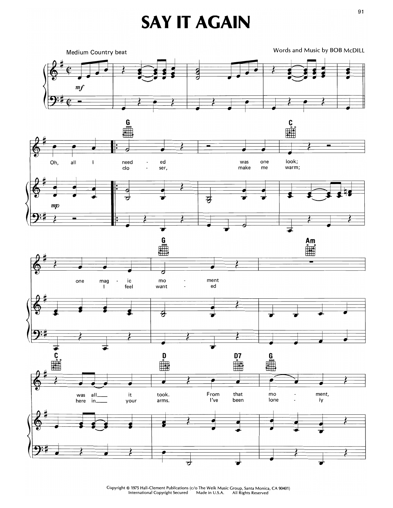 Don Williams Say It Again Sheet Music Notes & Chords for Piano, Vocal & Guitar Chords (Right-Hand Melody) - Download or Print PDF Don Williams Say It Again Sheet Music Notes & Chords for Piano, Vocal & Guitar Chords (Right-Hand Melody) - Download or Print PDF