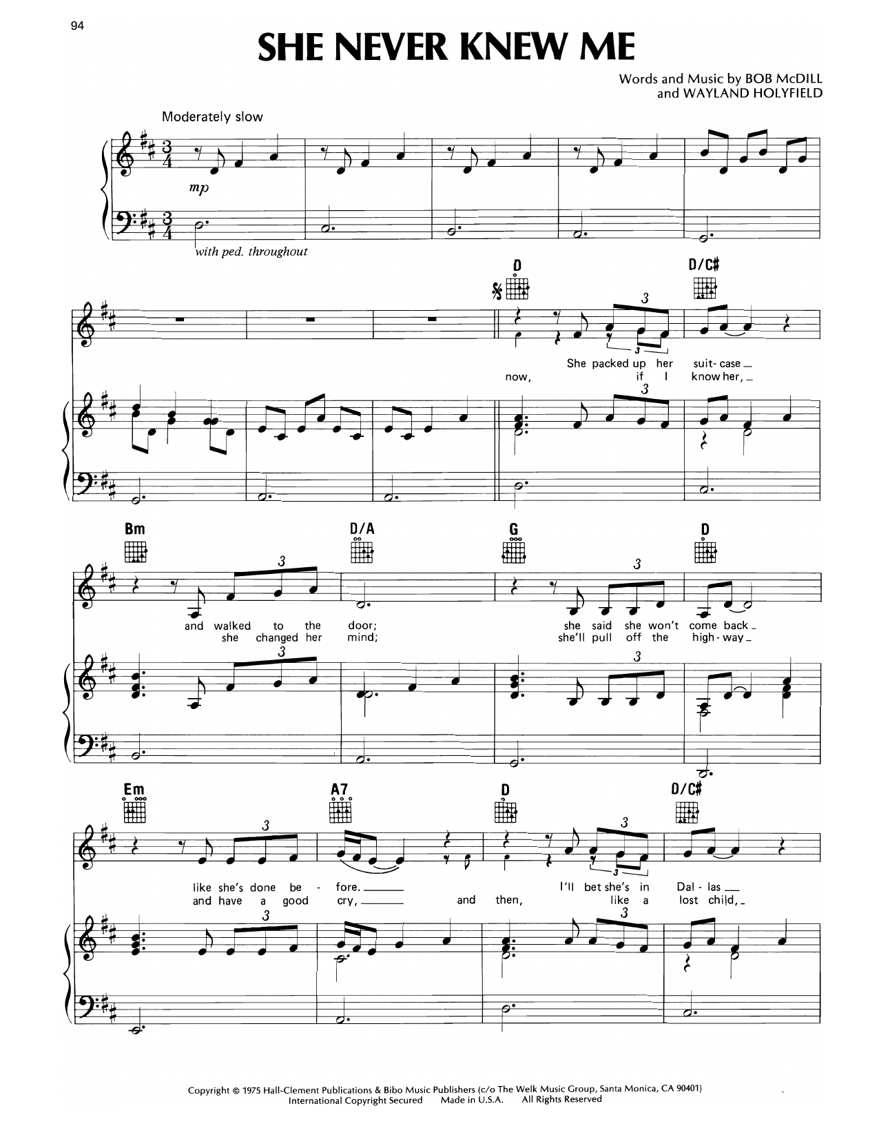 Don Williams She Never Knew Me Sheet Music Notes & Chords for Piano, Vocal & Guitar Chords (Right-Hand Melody) - Download or Print PDF