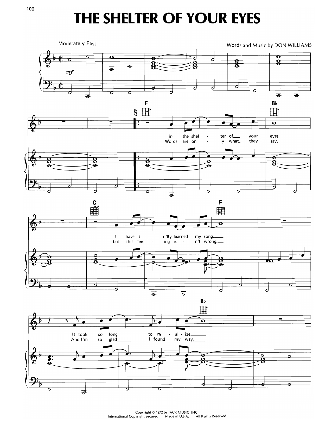 Don Williams Shelter Of Your Eyes Sheet Music Notes & Chords for Piano, Vocal & Guitar Chords (Right-Hand Melody) - Download or Print PDF