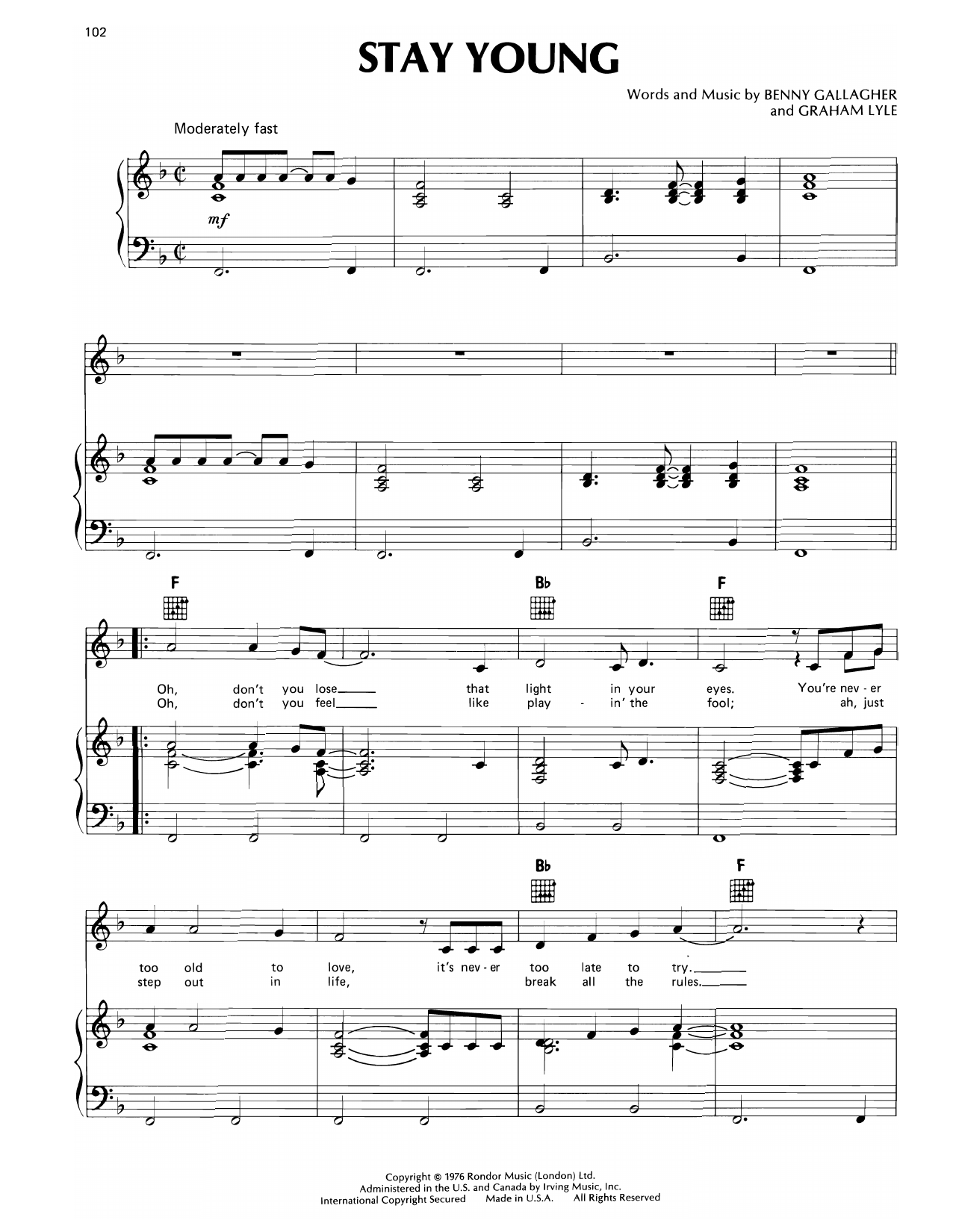 Don Williams Stay Young Sheet Music Notes & Chords for Piano, Vocal & Guitar Chords (Right-Hand Melody) - Download or Print PDF