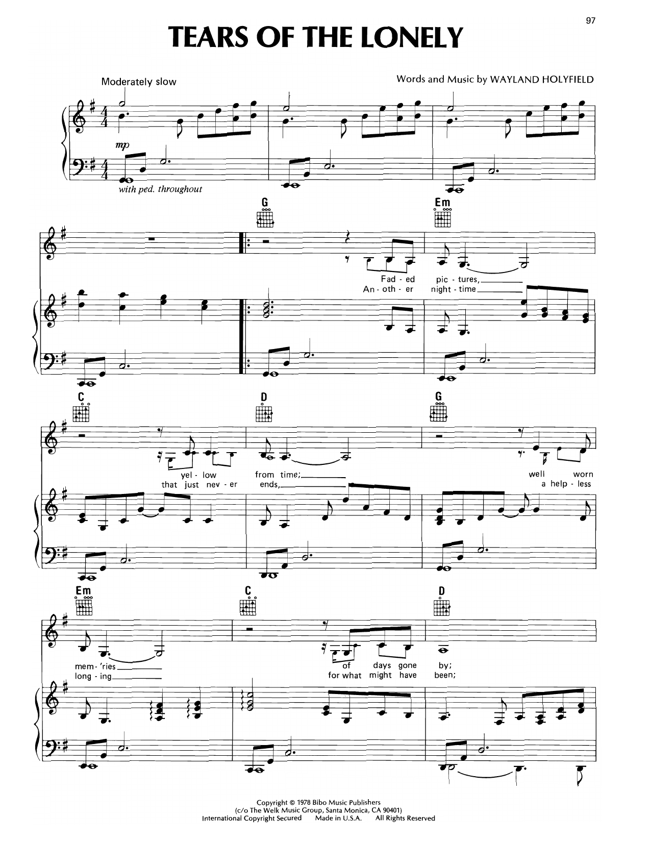 Don Williams Tears Of The Lonely Sheet Music Notes & Chords for Piano, Vocal & Guitar Chords (Right-Hand Melody) - Download or Print PDF