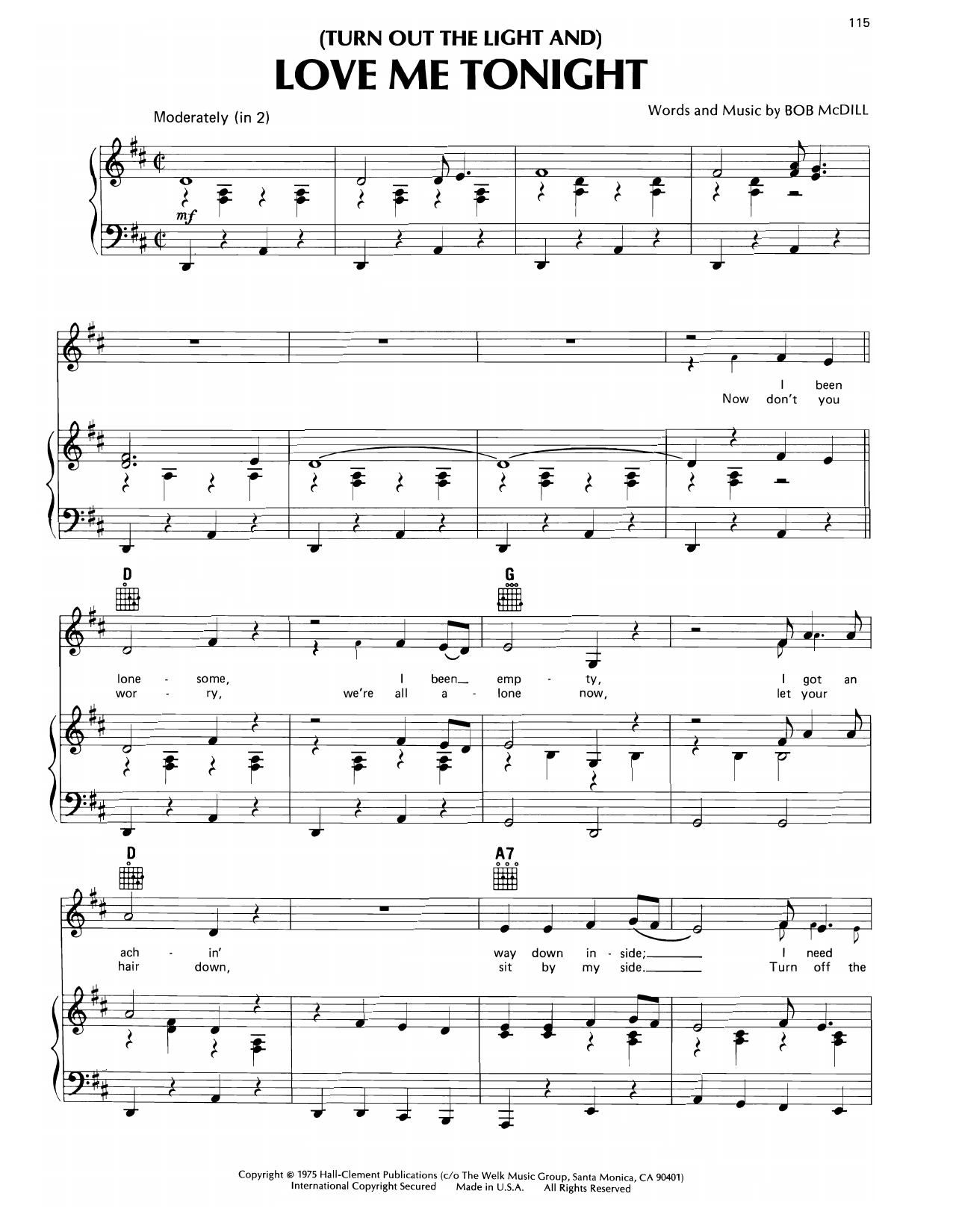 Don Williams (Turn Out The Light And) Love Me Tonight Sheet Music Notes & Chords for Piano, Vocal & Guitar Chords (Right-Hand Melody) - Download or Print PDF