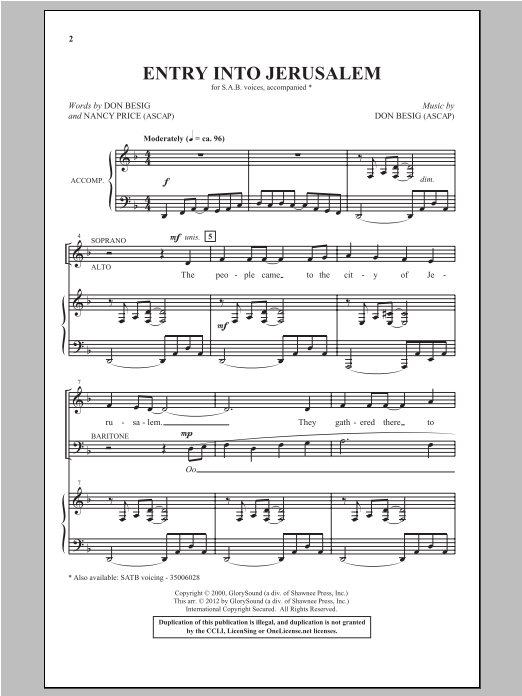 Preview Don Besig Entry Into Jerusalem Concert sheet music, notes and chords for SAB, SKU: 93801 Entry Into Jerusalem sheet music