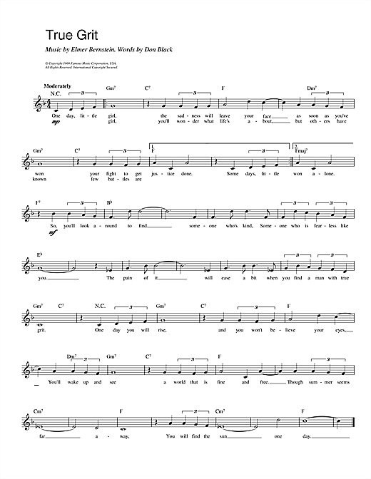 Preview Don Black and Elmer Bernstein True Grit Pop sheet music, notes and chords for Melody Line, Lyrics & Chords, SKU: 14203 True Grit sheet music