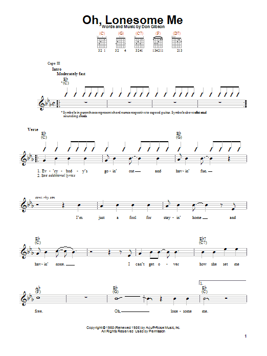 Preview Don Gibson Oh, Lonesome Me Country sheet music, notes and chords for Guitar Tab, SKU: 83110 Oh, Lonesome Me sheet music