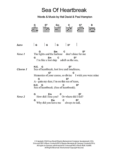 Don Gibson Sea Of Heartbreak Sheet Music Notes & Chords for Lyrics & Chords - Download or Print PDF