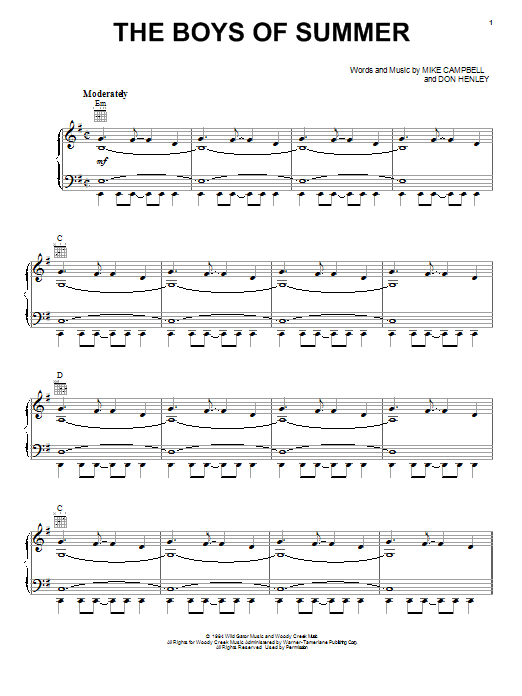 Preview Don Henley The Boys Of Summer Rock sheet music, notes and chords for Piano, Vocal & Guitar (Right-Hand Melody), SKU: 33533 The Boys Of Summer sheet music