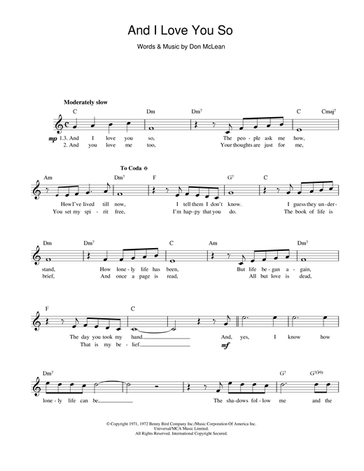 Preview Don McLean And I Love You So Pop sheet music, notes and chords for Lyrics & Chords, SKU: 81999 And I Love You So sheet music