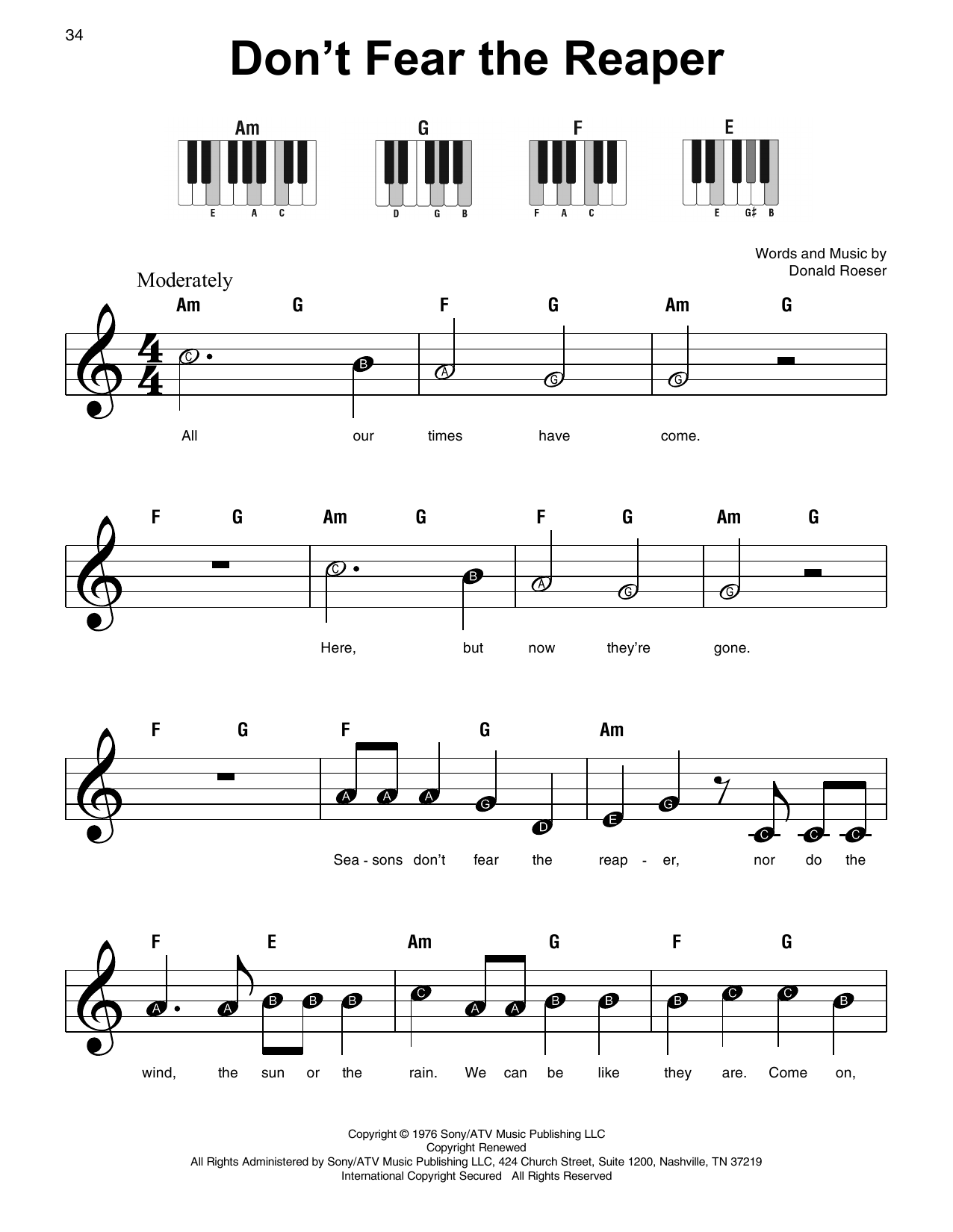 Blue Oyster Cult Don T Fear The Reaper Sheet Music Download Pdf Score 4328