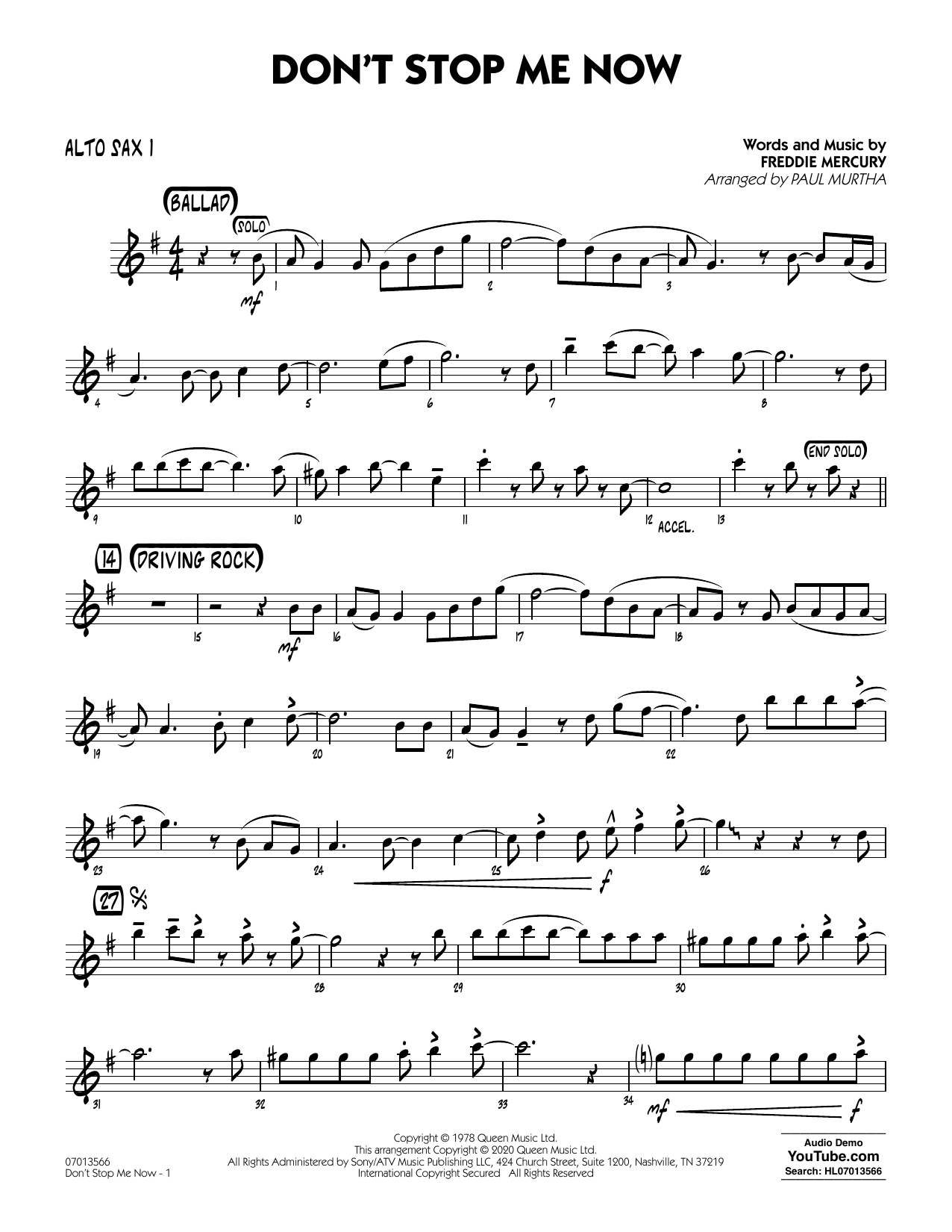 Queen Don T Stop Me Now Arr Paul Murtha Alto Sax 1 Sheet Music Download Pdf Score 433673 - queen don t stop me now roblox id music code youtube