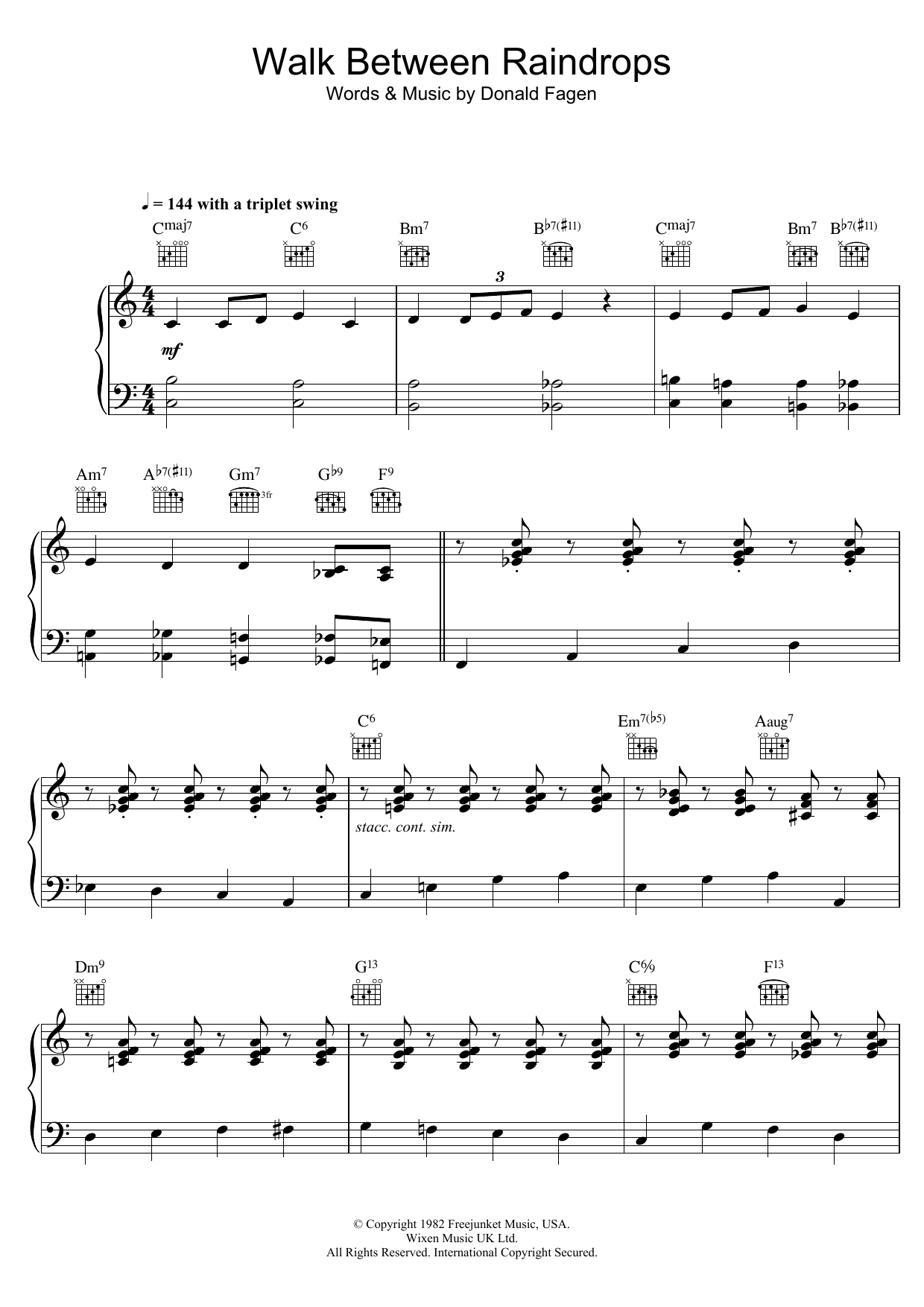Donald Fagen Walk Between Raindrops Sheet Music Notes & Chords for Piano, Vocal & Guitar (Right-Hand Melody) - Download or Print PDF
