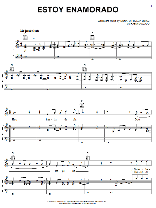 Donato Poveda Lopez Estoy Enamorado Sheet Music Notes & Chords for Piano, Vocal & Guitar (Right-Hand Melody) - Download or Print PDF