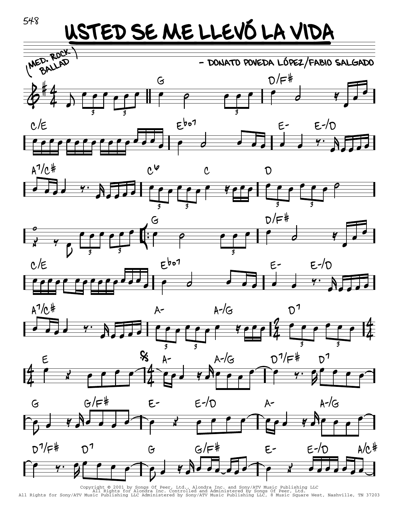 Donato Poveda Lopez Usted Se Me Llevo La Vida Sheet Music Notes & Chords for Real Book – Melody & Chords - Download or Print PDF