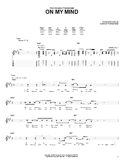 Donavon Frankenreiter On My Mind Sheet Music Notes & Chords for Guitar Tab - Download or Print PDF Donavon Frankenreiter On My Mind Sheet Music Notes & Chords for Guitar Tab - Download or Print PDF