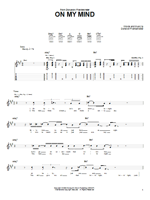 Donavon Frankenreiter On My Mind Sheet Music Notes & Chords for Guitar Tab - Download or Print PDF