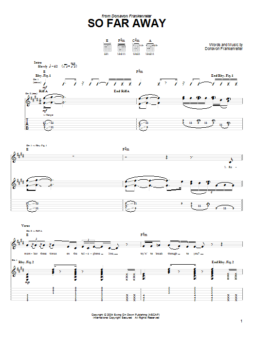 Donavon Frankenreiter So Far Away Sheet Music Notes & Chords for Guitar Tab - Download or Print PDF Donavon Frankenreiter So Far Away Sheet Music Notes & Chords for Guitar Tab - Download or Print PDF