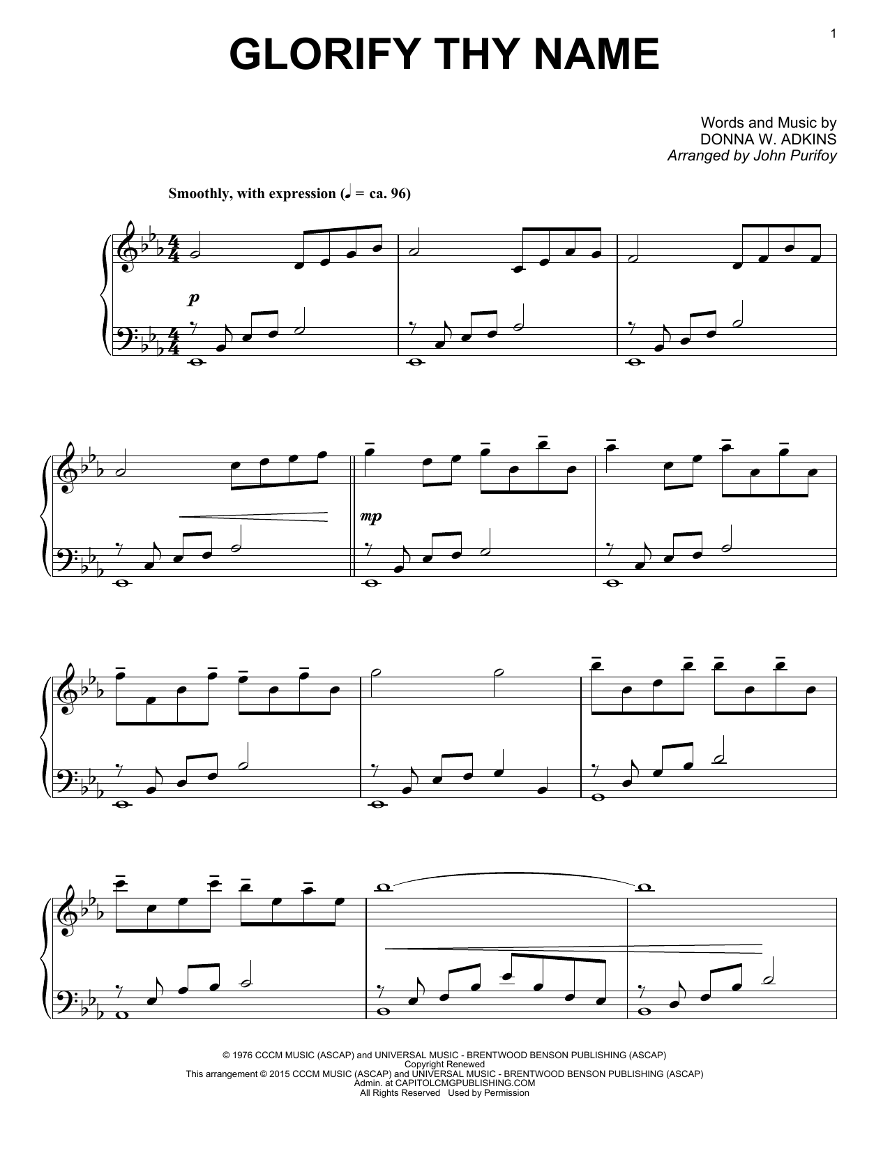 Donna Adkins Glorify Thy Name (arr. John Purifoy) Sheet Music Notes & Chords for Piano Solo - Download or Print PDF