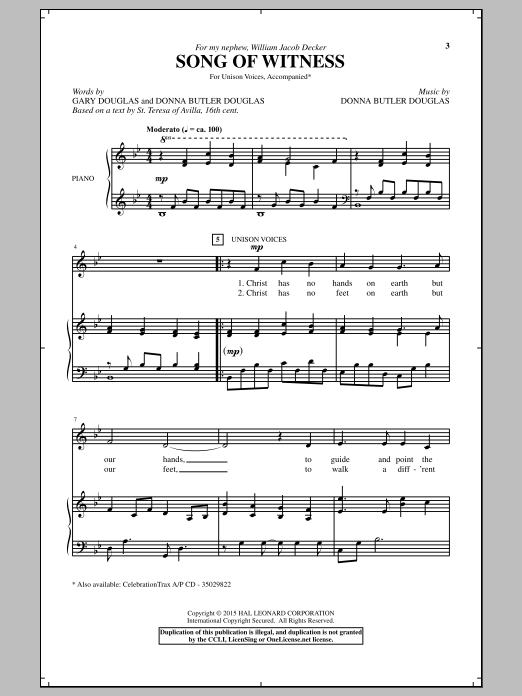 Donna Butler Douglas Song Of Witness Sheet Music Notes & Chords for Unison Choral - Download or Print PDF