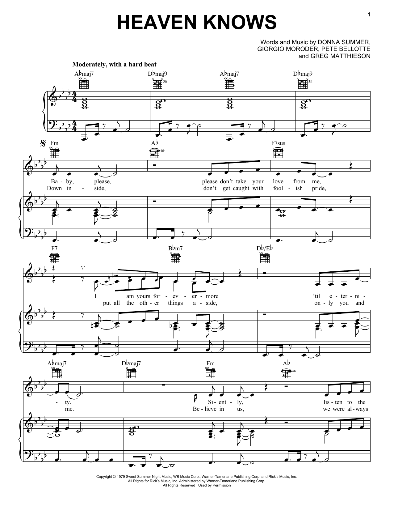 Donna Summer Heaven Knows Sheet Music Notes & Chords for Piano, Vocal & Guitar (Right-Hand Melody) - Download or Print PDF