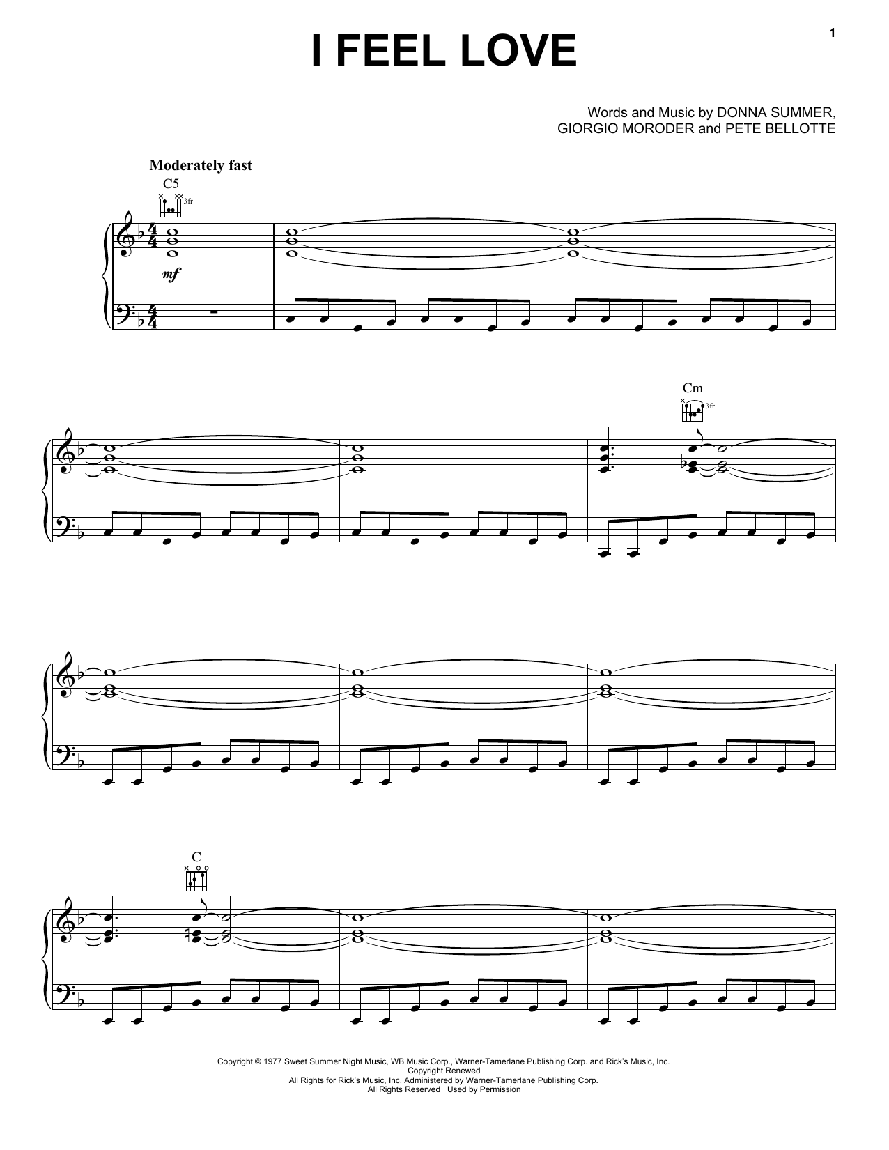 Donna Summer I Feel Love Sheet Music Notes & Chords for Piano, Vocal & Guitar (Right-Hand Melody) - Download or Print PDF