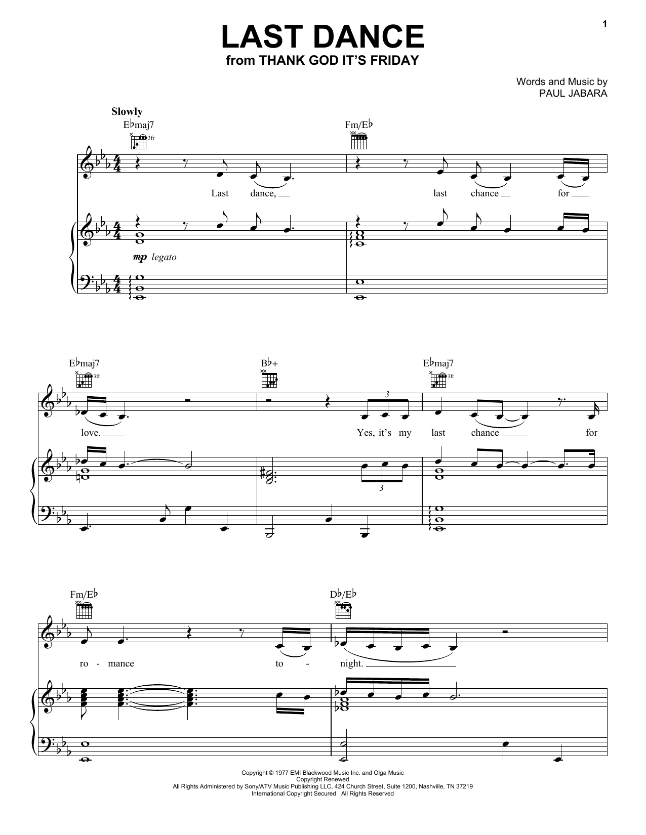 Donna Summer Last Dance Sheet Music Notes & Chords for Piano, Vocal & Guitar (Right-Hand Melody) - Download or Print PDF