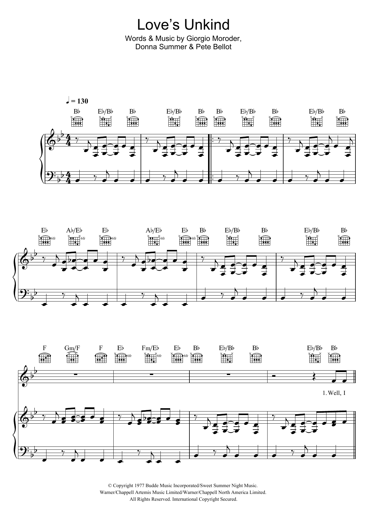 Donna Summer Love's Unkind Sheet Music Notes & Chords for Piano, Vocal & Guitar (Right-Hand Melody) - Download or Print PDF