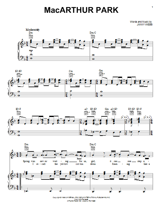 Donna Summer MacArthur Park Sheet Music Notes & Chords for Piano, Vocal & Guitar (Right-Hand Melody) - Download or Print PDF