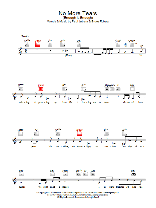 Barbra Streisand & Donna Summer No More Tears (Enough Is Enough) Sheet Music Notes & Chords for Melody Line, Lyrics & Chords - Download or Print PDF