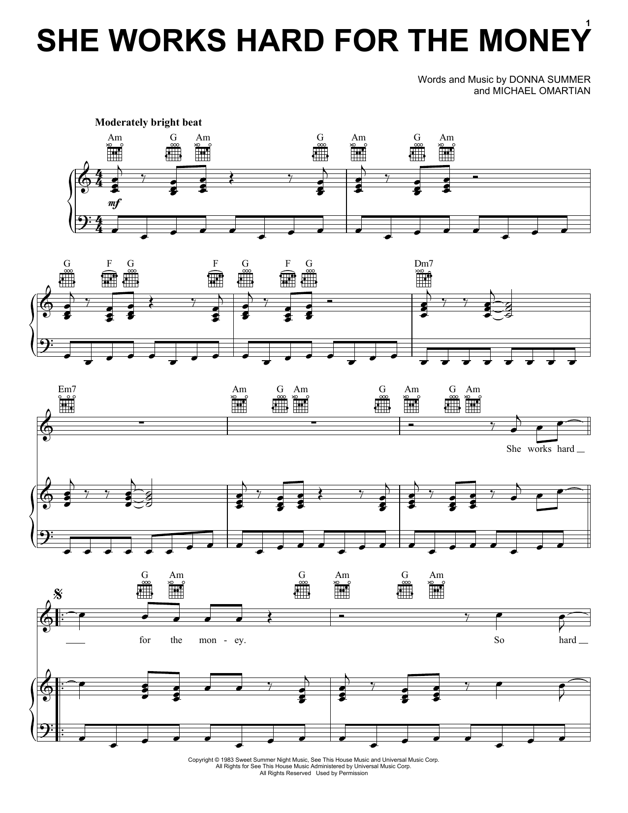 Donna Summer She Works Hard For The Money Sheet Music Notes & Chords for Piano, Vocal & Guitar (Right-Hand Melody) - Download or Print PDF