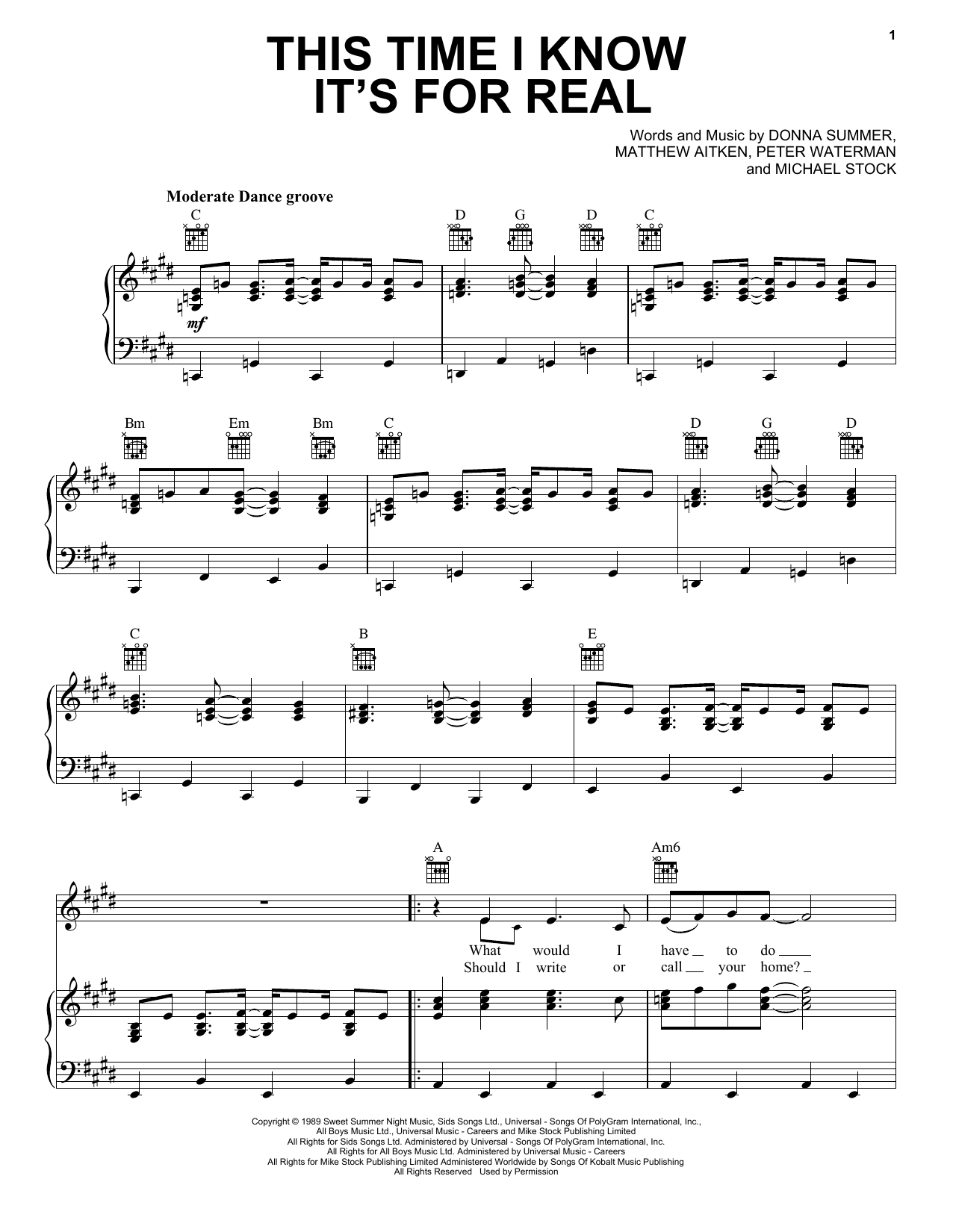 Donna Summer This Time I Know It's For Real Sheet Music Notes & Chords for Piano, Vocal & Guitar (Right-Hand Melody) - Download or Print PDF