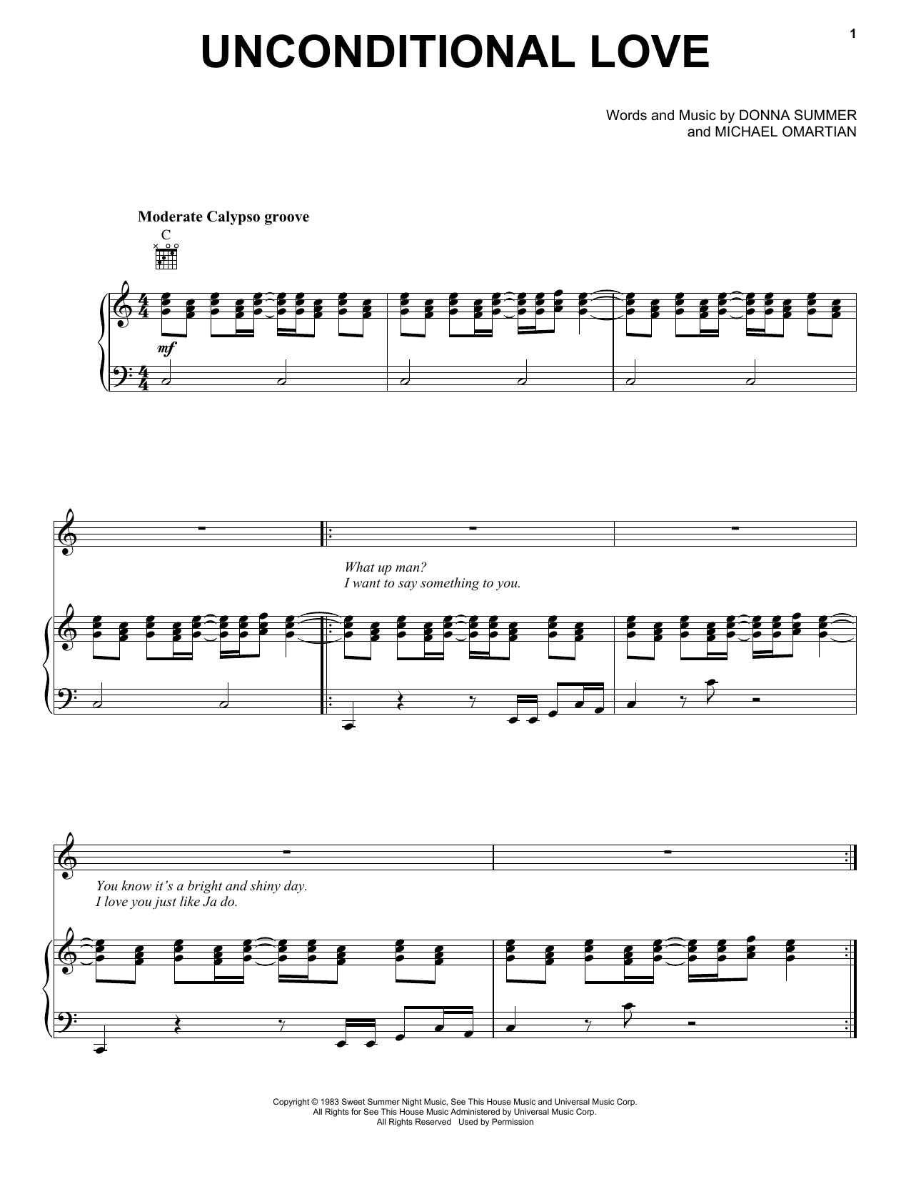 Donna Summer Unconditional Love Sheet Music Notes & Chords for Piano, Vocal & Guitar (Right-Hand Melody) - Download or Print PDF