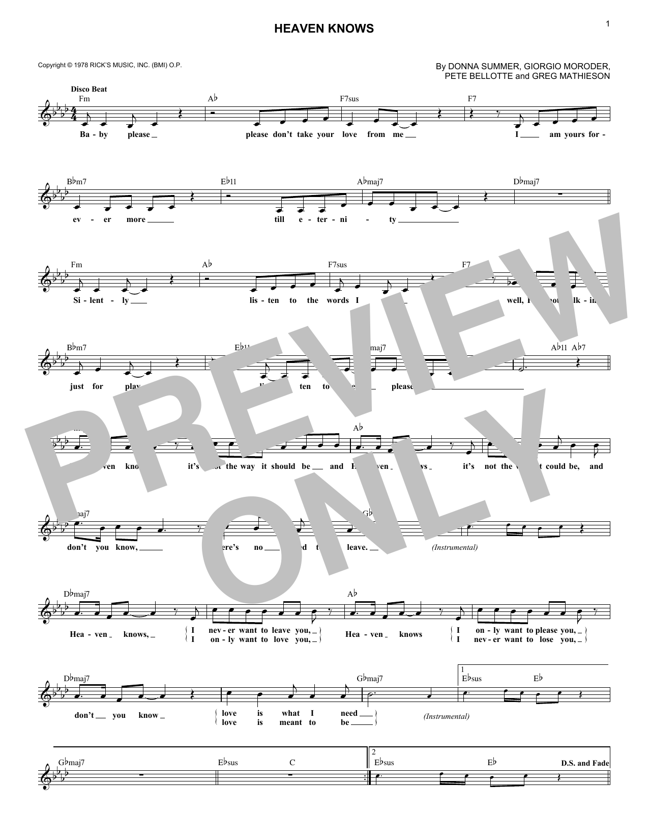 Donna Summer w/Brooklyn Dreams Heaven Knows Sheet Music Notes & Chords for Melody Line, Lyrics & Chords - Download or Print PDF