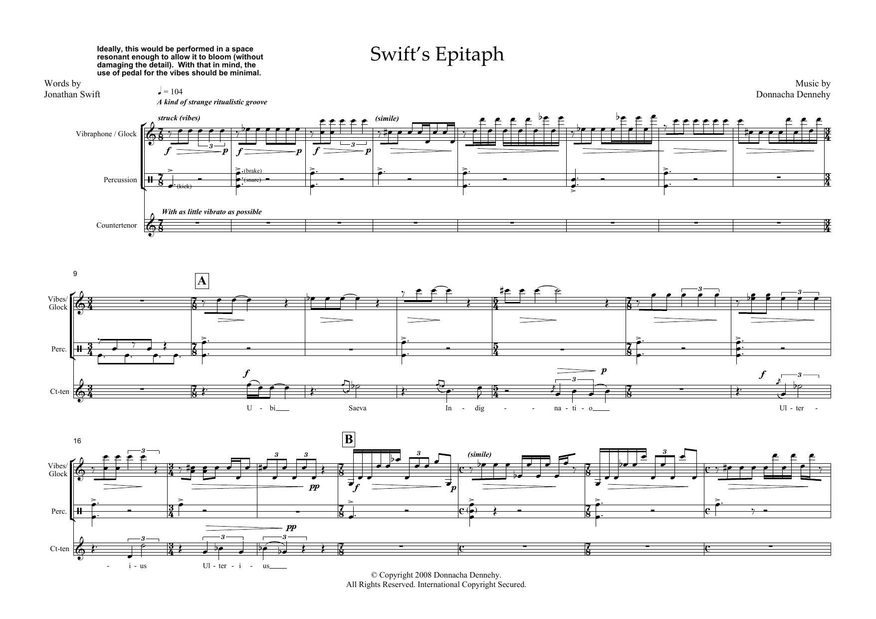 Donnacha Dennehy Swift's Epitaph (for counter-tenor and percussion) Sheet Music Notes & Chords for Piano & Vocal - Download or Print PDF