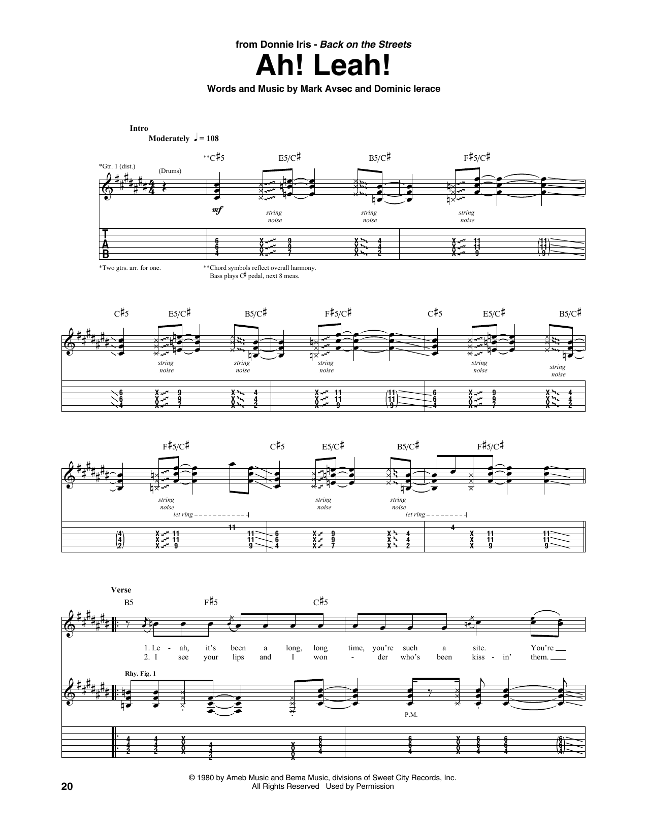 Donnie Iris Ah! Leah! Sheet Music Notes & Chords for Guitar Tab - Download or Print PDF