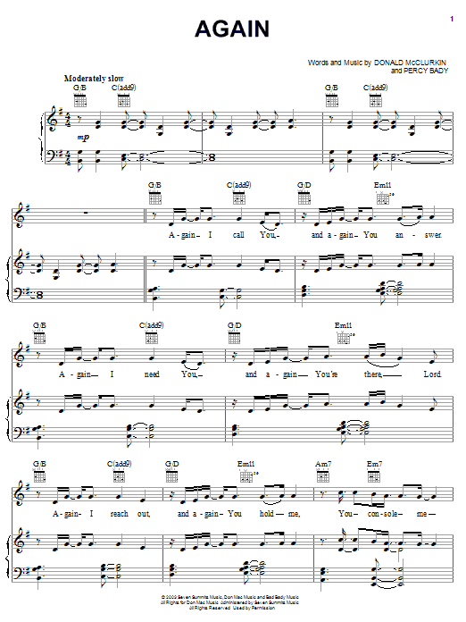 Preview Donnie McClurkin Again Religious sheet music, notes and chords for Piano, Vocal & Guitar (Right-Hand Melody), SKU: 25714 Again sheet music