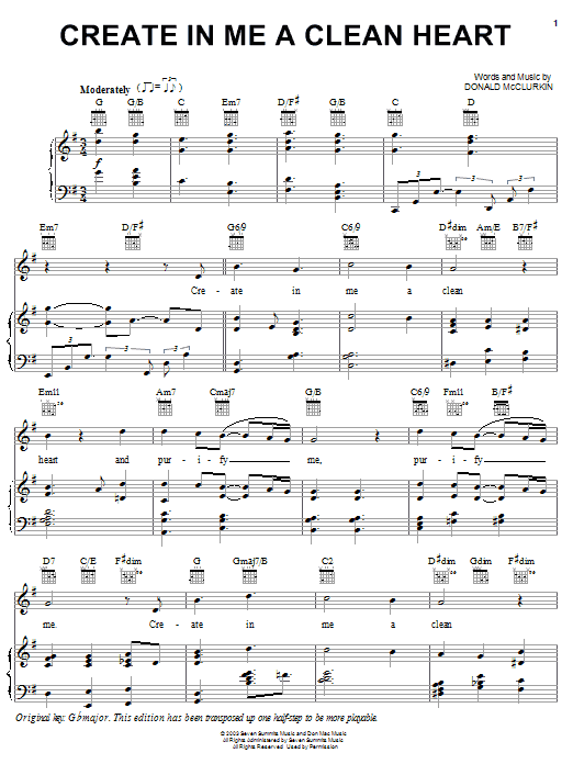 Preview Donnie McClurkin Create In Me A Clean Heart Religious sheet music, notes and chords for Piano, Vocal & Guitar (Right-Hand Melody), SKU: 25716 Create In Me A Clean Heart sheet music
