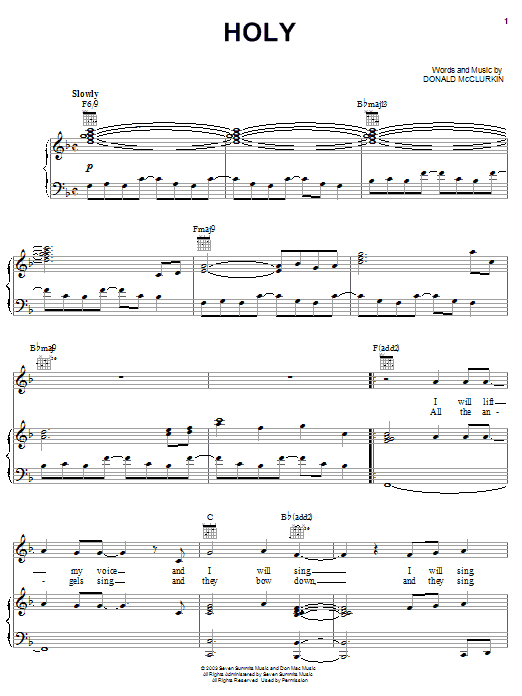 Preview Donnie McClurkin Holy Religious sheet music, notes and chords for Piano, Vocal & Guitar (Right-Hand Melody), SKU: 25718 Holy sheet music