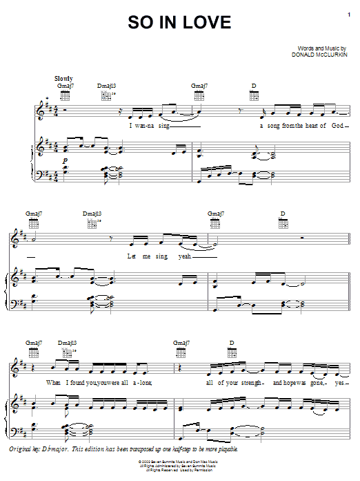 Preview Donnie McClurkin So In Love Religious sheet music, notes and chords for Piano, Vocal & Guitar (Right-Hand Melody), SKU: 25720 So In Love sheet music