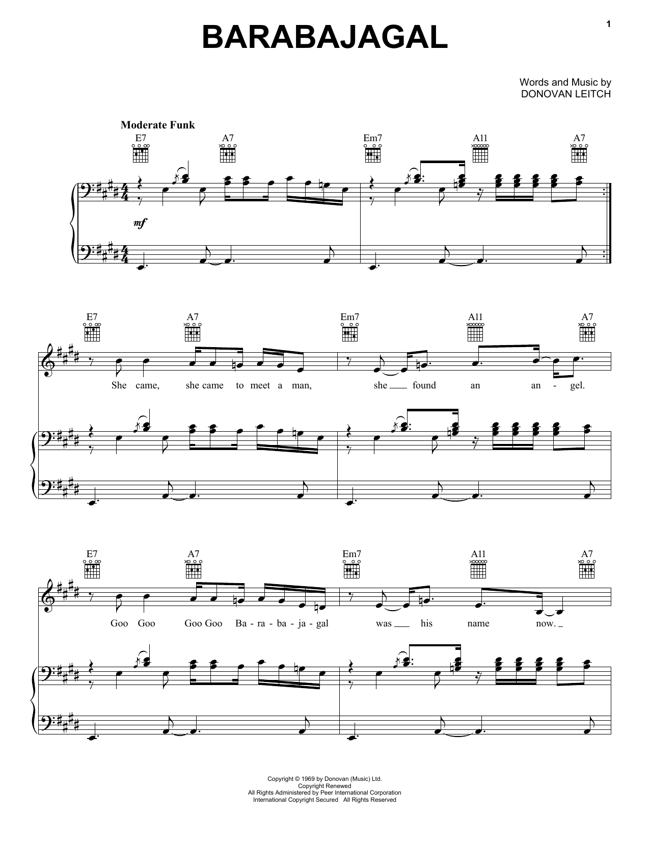 Donovan Barabajagal Sheet Music Notes & Chords for Piano, Vocal & Guitar (Right-Hand Melody) - Download or Print PDF