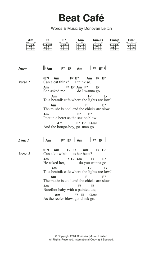 Donovan Beat Cafe Sheet Music Notes & Chords for Lyrics & Chords - Download or Print PDF