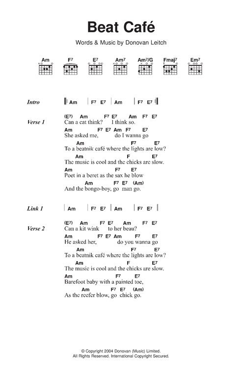 Donovan Beat Cafe Sheet Music Notes & Chords for Lyrics & Chords - Download or Print PDF