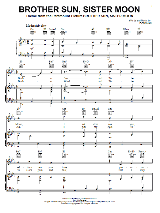 Donovan Brother Sun, Sister Moon Sheet Music Notes & Chords for Piano, Vocal & Guitar (Right-Hand Melody) - Download or Print PDF